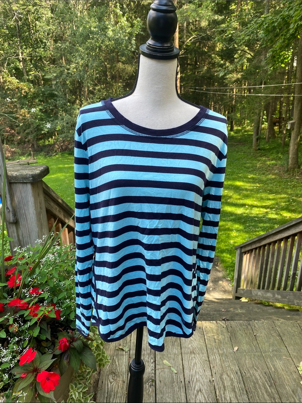Talbots Navy & aqua
 Striped Long-Sleeve Tee